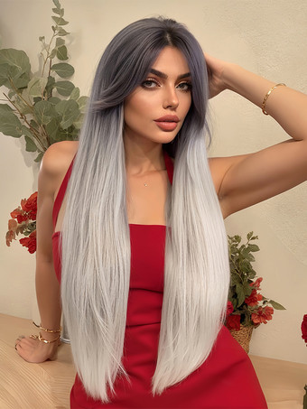 ライトブラウングラデーションの真ん中分けロングストレートヘア合成ウィッグ、カーテンバング付き 2025