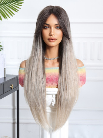 グラデーションの真ん中分けロングストレートヘア合成ウィッグ、カーテンバング付き 2025