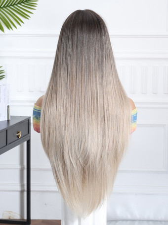グラデーションの真ん中分けロングストレートヘア合成ウィッグ、カーテンバング付き 2025