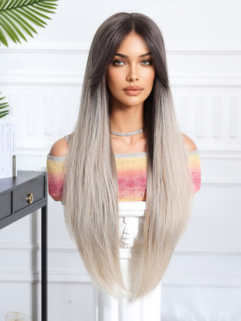 グラデーションの真ん中分けロングストレートヘア合成ウィッグ、カーテンバング付き 2025