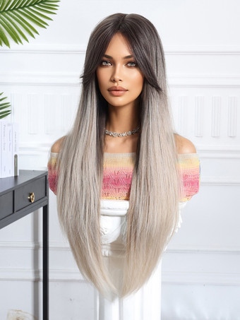 グラデーションの真ん中分けロングストレートヘア合成ウィッグ、カーテンバング付き 2025