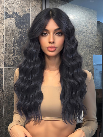 ブラック カーテンバング付き黒ミドルパートウェーブロングカーリーヘア合成ウィッグ 2025