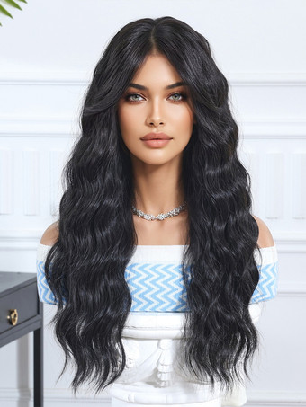 カーテンバング付き黒ミドルパートウェーブロングカーリーヘア合成ウィッグ 2025