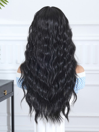 カーテンバング付き黒ミドルパートウェーブロングカーリーヘア合成ウィッグ 2025