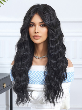 カーテンバング付き黒ミドルパートウェーブロングカーリーヘア合成ウィッグ 2025