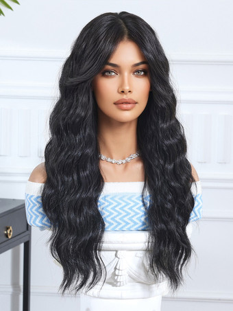 カーテンバング付き黒ミドルパートウェーブロングカーリーヘア合成ウィッグ 2025