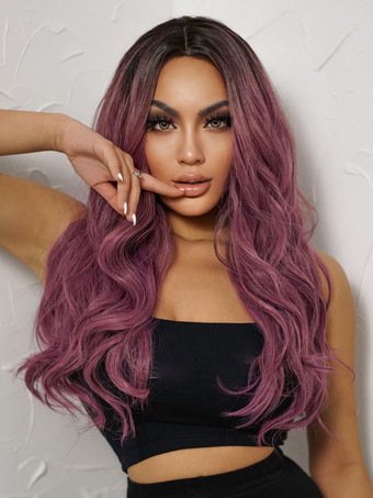 パープル パープルグラデーションミドルパートロングカーリーヘア合成ウィッグ 2025