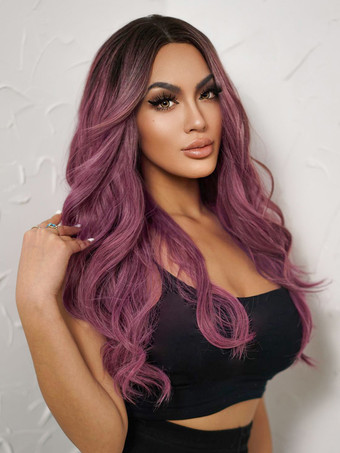 パープルグラデーションミドルパートロングカーリーヘア合成ウィッグ 2025