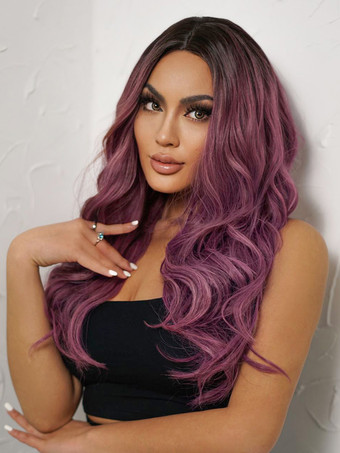 パープルグラデーションミドルパートロングカーリーヘア合成ウィッグ 2025