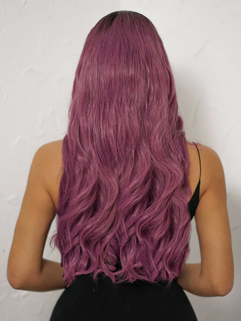 パープルグラデーションミドルパートロングカーリーヘア合成ウィッグ 2025