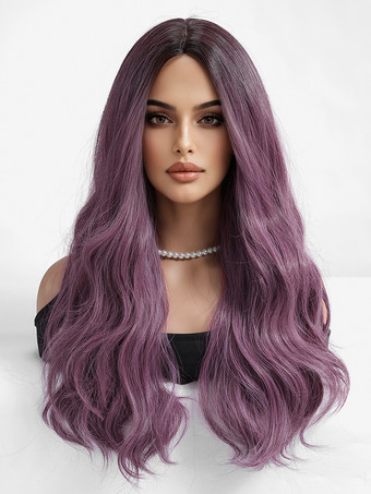 パープルグラデーションミドルパートロングカーリーヘア合成ウィッグ 2025