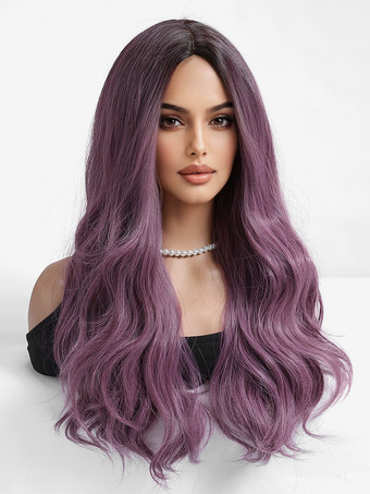 パープルグラデーションミドルパートロングカーリーヘア合成ウィッグ 2025