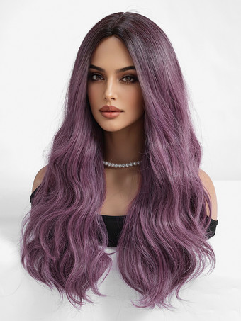 パープルグラデーションミドルパートロングカーリーヘア合成ウィッグ 2025
