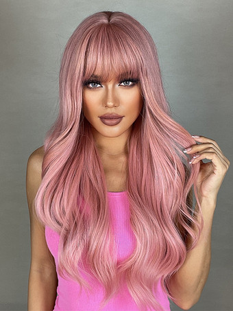 カーテンバング付きピンクのミドルパートロングヘア合成ウィッグ 2025