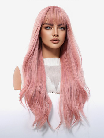 カーテンバング付きピンクのミドルパートロングヘア合成ウィッグ 2025