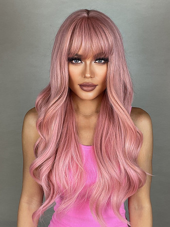 ピンク カーテンバング付きピンクのミドルパートロングヘア合成ウィッグ 2025