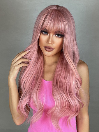カーテンバング付きピンクのミドルパートロングヘア合成ウィッグ 2025