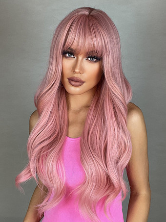 カーテンバング付きピンクのミドルパートロングヘア合成ウィッグ 2025