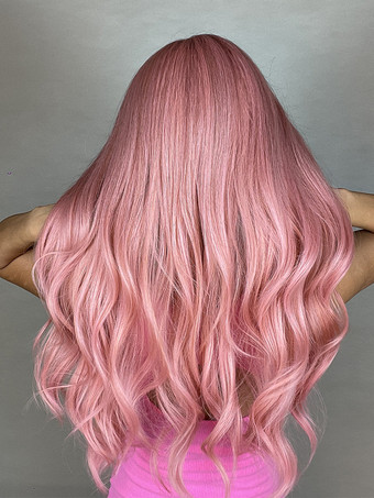 カーテンバング付きピンクのミドルパートロングヘア合成ウィッグ 2025