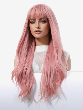 カーテンバング付きピンクのミドルパートロングヘア合成ウィッグ 2025