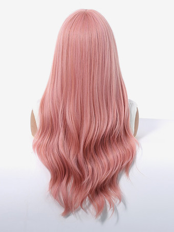カーテンバング付きピンクのミドルパートロングヘア合成ウィッグ 2025