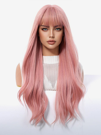 カーテンバング付きピンクのミドルパートロングヘア合成ウィッグ 2025