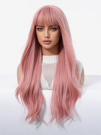 カーテンバング付きピンクのミドルパートロングヘア合成ウィッグ 2025