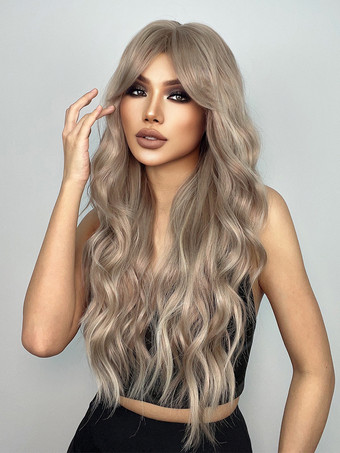 ライトブラウンカーテンバング付きミドルパートライトブラウンカーリーロングヘア合成ウィッグ2025