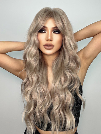 カーテンバング付きミドルパートライトブラウンカーリーロングヘア合成ウィッグ2025