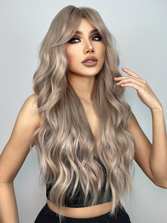 カーテンバング付きミドルパートライトブラウンカーリーロングヘア合成ウィッグ2025