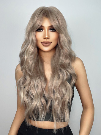 カーテンバング付きミドルパートライトブラウンカーリーロングヘア合成ウィッグ2025