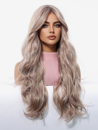 カーテンバング付きミドルパートライトブラウンカーリーロングヘア合成ウィッグ2025