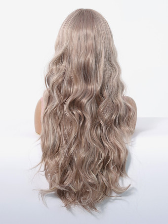 カーテンバング付きミドルパートライトブラウンカーリーロングヘア合成ウィッグ2025