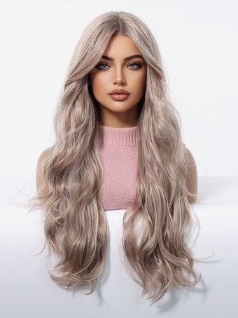 カーテンバング付きミドルパートライトブラウンカーリーロングヘア合成ウィッグ2025