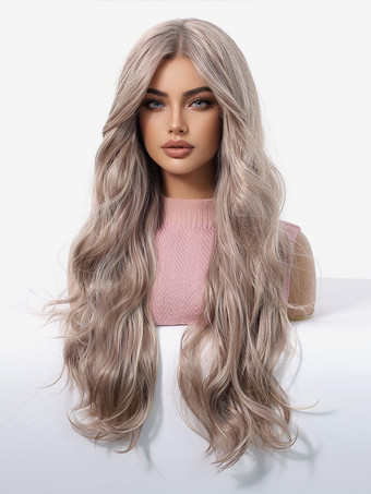 カーテンバング付きミドルパートライトブラウンカーリーロングヘア合成ウィッグ2025