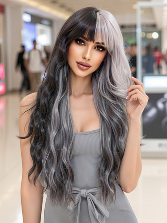 ホワイト＋ブラック黒と白のグラデーションロングカーリーヘア合成ウィッグ、前髪付き、女性用 2025