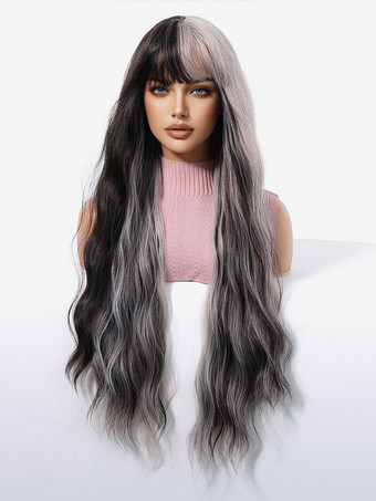 黒と白のグラデーションロングカーリーヘア合成ウィッグ、前髪付き、女性用 2025