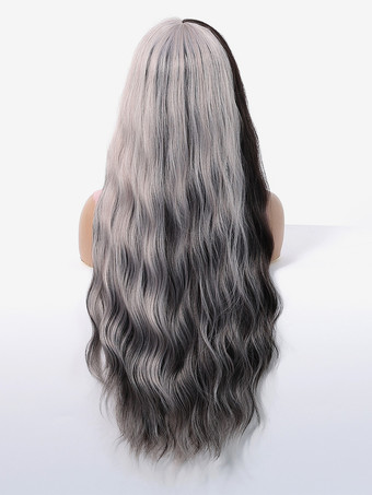 黒と白のグラデーションロングカーリーヘア合成ウィッグ、前髪付き、女性用 2025