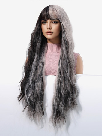 黒と白のグラデーションロングカーリーヘア合成ウィッグ、前髪付き、女性用 2025
