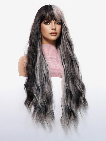 黒と白のグラデーションロングカーリーヘア合成ウィッグ、前髪付き、女性用 2025