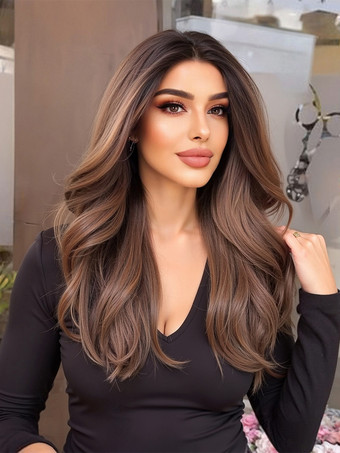 ブラウン ミドルパートのロングカーリーブラウンヘア合成ウィッグ女性用 2025