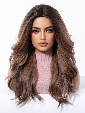 ミドルパートのロングカーリーブラウンヘア合成ウィッグ女性用 2025