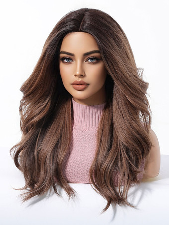 ミドルパートのロングカーリーブラウンヘア合成ウィッグ女性用 2025