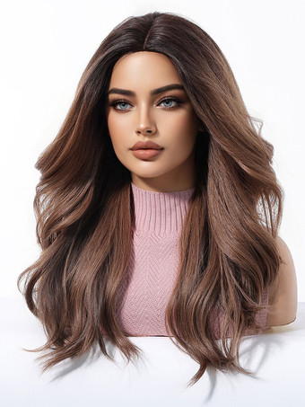 ミドルパートのロングカーリーブラウンヘア合成ウィッグ女性用 2025