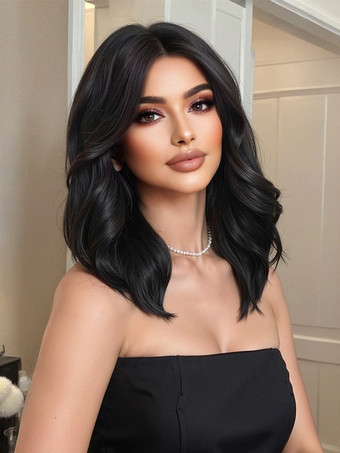 ブラック 女性用ミディアムレングス黒カーリーヘア合成ウィッグ 2026