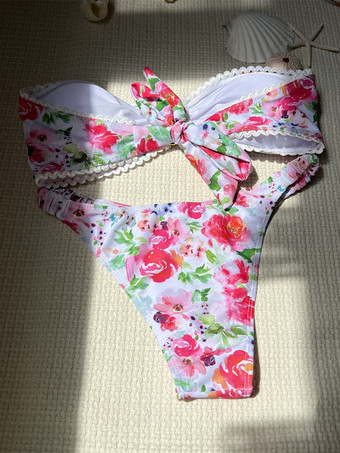 2025年夏向け花柄Vネックストラップレスビキニ