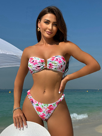 ピンク2025年夏向け花柄Vネックストラップレスビキニ