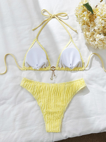 2025年夏向けホルターテクスチャ生地ビキニ水着