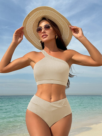 アイボリー ワンショルダー ハイウエスト ツーピース 水着 レディース 2025