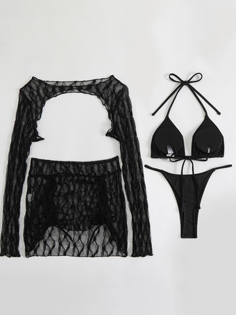 ホルタービキニとメッシュカバーアップとミニスカートの4ピース水着セット 2025